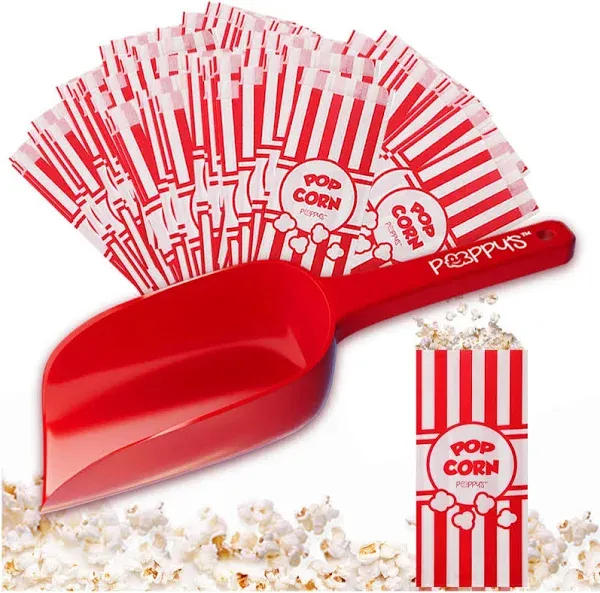 Poppy's Plastic Popcorn Scoop Bundle - 50 Bags and Plastic Popcorn Scooper, Popcorn Machine Accessories for Popcorn Bars, Movie Nights, Concessions