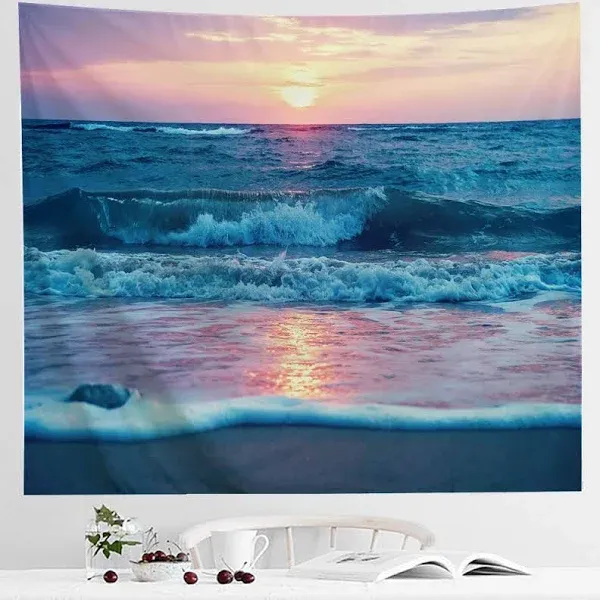 IcosaMro Ocean Tapestry Wall Hanging, Sea Beach Wave Sun Cloud Landscape Scenery Nature Wall Art [Double-Folded Hems] Bohemian Home Decor for Bedroom, Dorm, College, Living Room, 51x60, Blue