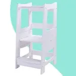 Toddlers Kitchen Step Stool with Safety Rail Kids Wooden Standing Tower for Kitchen Counter and Bathroom Sink, 3 Heights Adjustable Step Up Stool Mothers' Helper, Solid Wood Construction, White