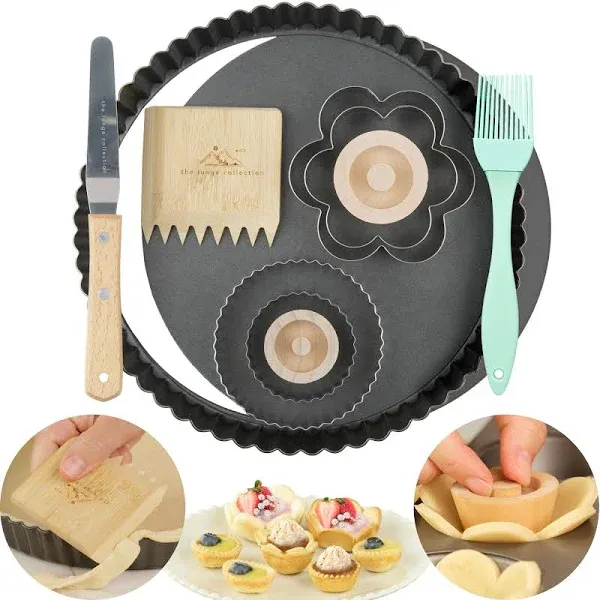 The Lunga Collection Tart Pan Baking Set - Carbon Steel, Non-Stick - 9 inch Removable Bottom - Quiche - Trim/Dock Tool, Offset Spatula, Pastry Brush