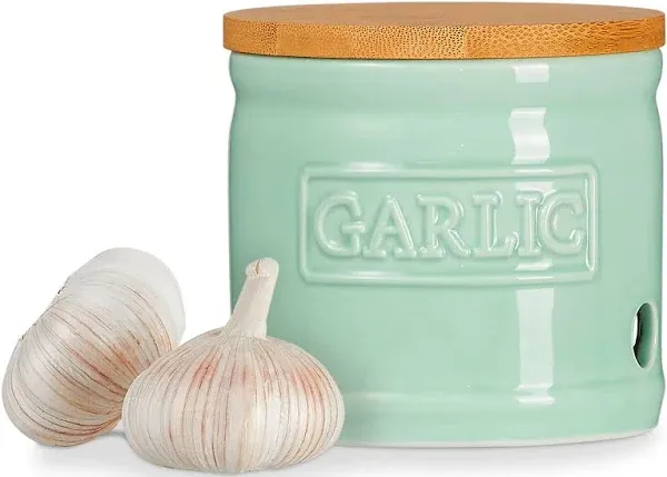 ONEMORE Garlic Keeper for Counter, Garlic Holder Countertop Storage Container, Garlic Saver Keeper with Lid, Ceramic Garlic Jar for Kitchen, Mint Green