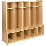 Wooden 5-Section School Coat Locker with Bench, Cubbies, and Storage - Natural