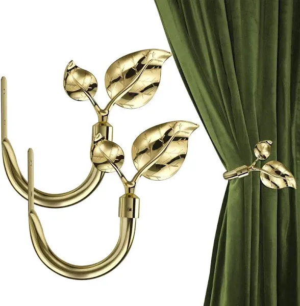 HIKMLK Gold Curtain Holdbacks 2pcs, Handmade Leaf Shaped Metal Curtain Holders for Wall Decor, Curtain Tieback for Drapes Window Decoration