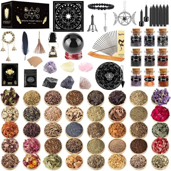 SHYSHINY Wiccan Supplies and Tools for Protection, 127Pack Witchcraft Supplies Witchy Gift for Beginners, Dried Herbs, Crystals, Candles, Witch