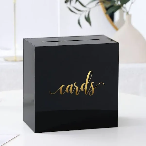 UNIQOOO Black Acrylic Wedding Card Box with Slot, Large 10x10x5.5 inch w/Gold Foil | Wedding Receptions Wishing Well Money Box, Birthdays, Memory Box, Suggestion Boxes, Acrylic Ballot Box