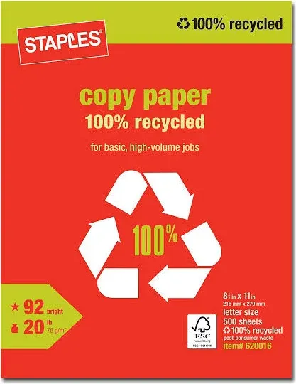 Staples 100% Recycled Copy Paper 8" x 11"