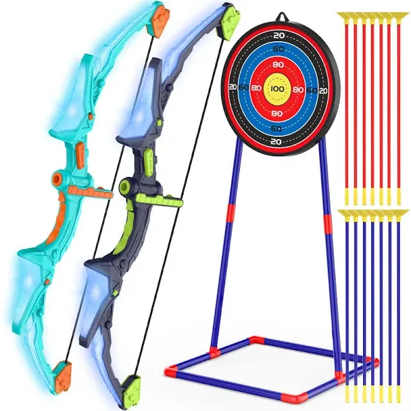 Kmuxilal 2 Pack Kids Bow and Arrow Set with LED Flash Lights, 14 Suction Cup Arrows and Fluorescence Standing Target-Perfect Indoor and Outdoor