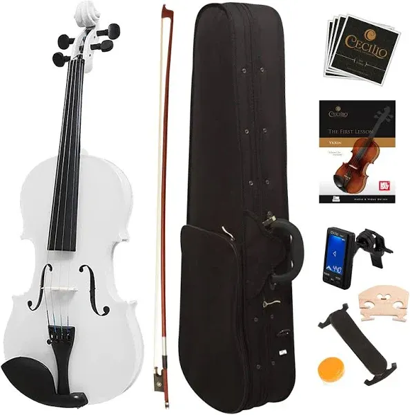 Mendini By Cecilio Violin For Kids & Adults 4/4 MV White Violins, Student or Beginners Kit w/Case