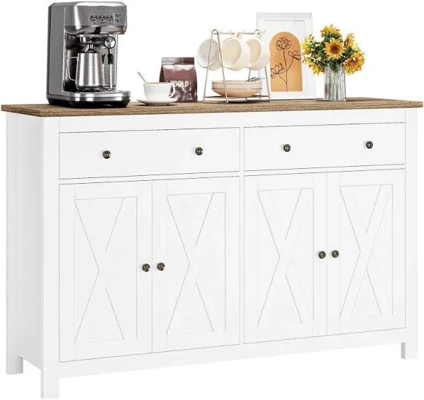 FOTOSOK Sideboard Buffet Cabinet with Storage, 55" Large Kitchen Storage Cabinet with 2 Drawers and 4 Doors, Wood Coffee Bar Cabinet Buffet Table Console Cabinet for Kitchen Dining Room, White