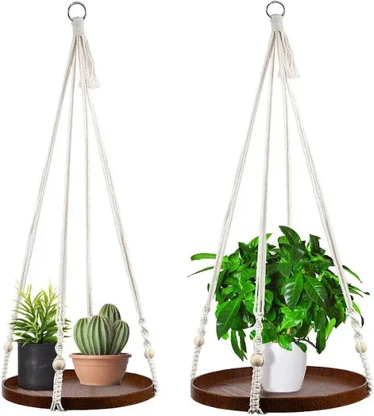 Macrame Plant Hanger - 2 Set Indoor Hanging Planter Shelf - Hanging Planter Rack Decorative Flower Pot Holder - Handmade Cotton Plant Hangers with Wood Tray Boho Home Decor