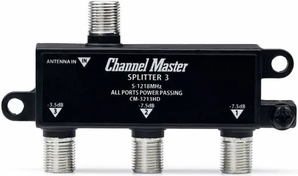 Channel Master Splitter 3, 3-Way Splitter with Power Passing Capability for TV Antenna and Cable Signals (3-Port, Black)