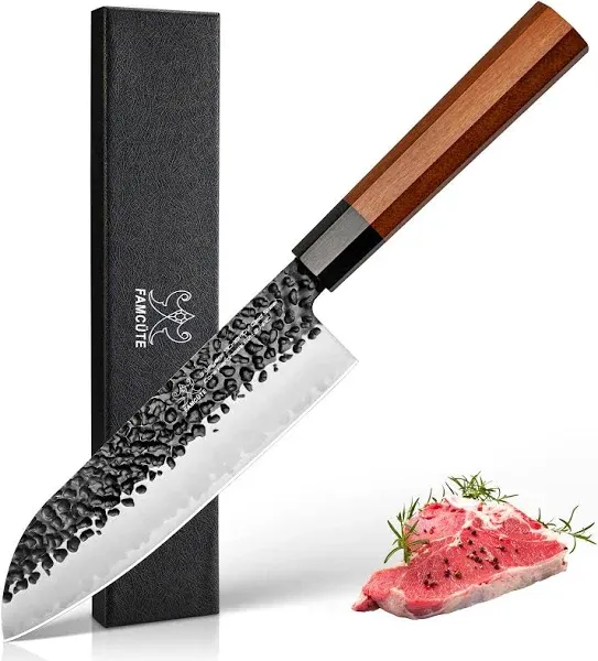 FAMCÜTE Santoku Knife 7 inch, Hand Forged 3 Layers 9CR18MOV High Carbon Steel Professional Kitchen Knife -Ultra Sharp Wood Handle Japanese Sushi Knife