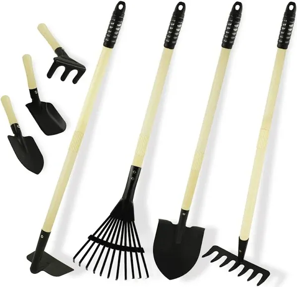 7PCS Kids Gardening Tools, Long Shovel, Rake for Leaves, Spade, Hoe, Black 