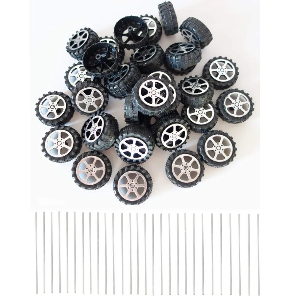 Kuanfine 60 Pcs Plastic Roll 2mm Dia Shaft Toys Car Wheel with 30 Pcs Shaft Round Rod Axles for Diy Model Toy Rc Car Truck Buildi