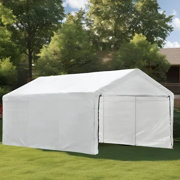 Carport, Heavy Duty Carport with Roll-Up Door & Removable Sidewalls, Portable Garage for Car, Truck, Boat, All-Season Car Canopy in Reflective White (12x20)