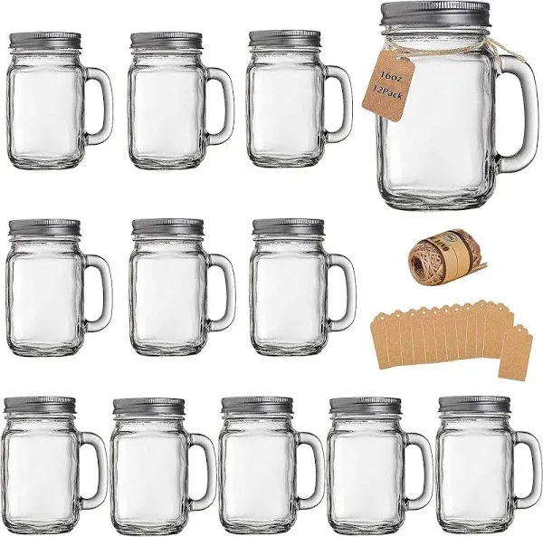 TANGLONG 16 oz Mason Jar Cups with Handle and Lids