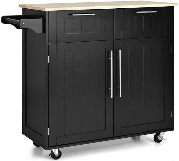 Topment Kitchen Island with Storage, Kitchen Cart with Adjustable Shelves, Towel Rack & Rubber Wood Countertop, 2 Door Cabinet & 2 Drawers, Kitchen Island on Wheels for Dining Room Restaurant, Black