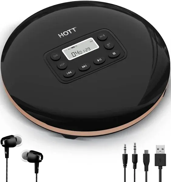 HOTT CD711T Bluetooth Rechargeable Portable CD Player for Home Travel and Car with Stereo Headphones and, Anti Shock Protection-Black