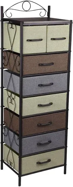 Household Essentials Victoria Dresser Tower Storage Organizer with 8 Multicolor Drawers Black Metal Frame and Mid Century Walnut Wood Grain Top