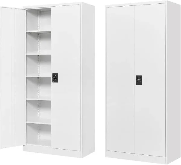 White Storage Cabinet with Locking Doors, 72" Tall Metal Cabinet with 5 Adjustable Shelves for Pantry, Office, Locking 2 Door File Storage Cabinets, 18" Deep Home Office Kitchen Pantry Cabinets