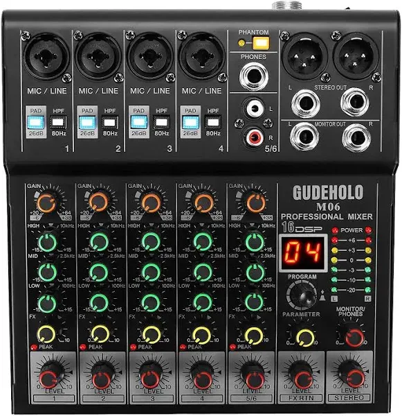 6-Channel Professional DJ Audio Mixer, DJ Controller Sound Mixer DSP 16 Prese...