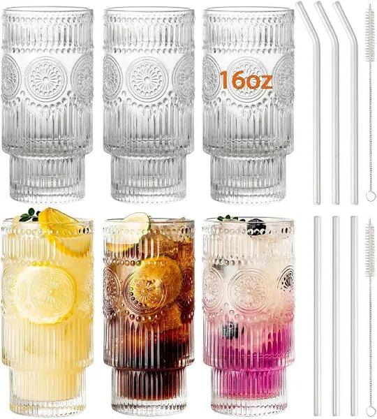 6 Pack Large 16oz Ribbed Glassware Set, With Glass Straws Stackable Glass Cups, Vintage Textured Clear Striped Drinking Glasses Set, for Bar Beverages,Juice,Water,Cocktail,Iced Coffee