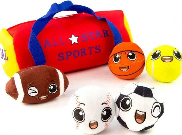 BABY K My First Sports Bag for Baby with 5 Plush Sports Balls - Rattle Balls for Baby with Sound - Sensory Balls Toys for 1 Year Old - Baby Toys for Toddler - Rattles Gift for 1 Year Old Baby