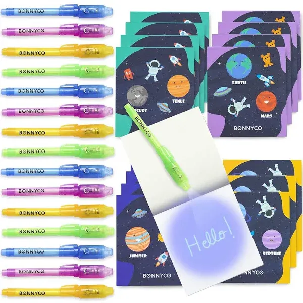 BONNYCO Invisible Ink Pen & Notebook Pack 16, Space Party Favors | Space Themed Party Favors for Kids Goodie Bags Stuffers Pinata Stuffers Classroom Prizes Return Gifts for Kids Birthday Student Gifts