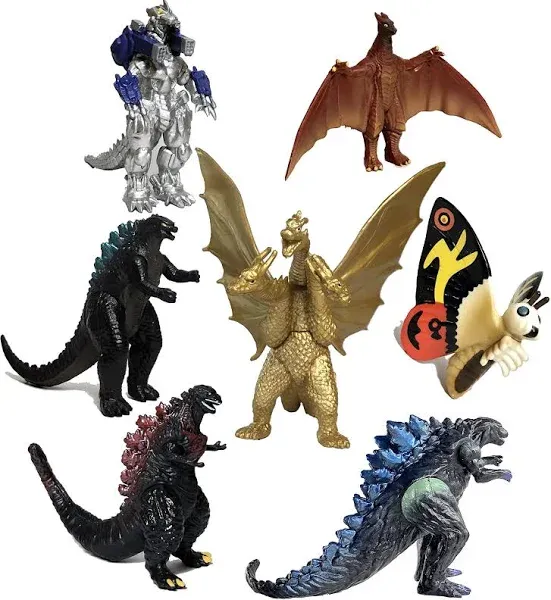 Set of 7 Godzilla Dinosaur Toys King of The Monsters Movable Joint Action Figures Mini Mothra Imago Shin Burning Heisei Mecha Ghidorah Kids Birthday Cake Toppers Pack, Travel Bag