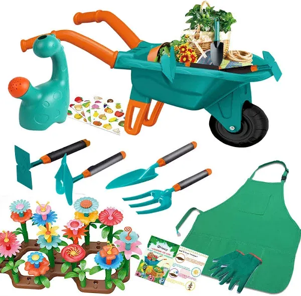 16Pcs Kids Gardening Tools Outdoor Toys Set Backyard Play with Wheelbarrow, Apron, Watering Can and More Educational STEM Learning Pretend Toys Outdoor Indoor for Toddlers Kids Boys Girls