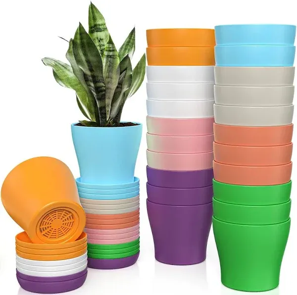 Flower Pots, 24pcs, 3.75" Colorful Plant pots, Modern Decorative Small Pots for Plants with Saucer Pallet, Flower Plant Container Seed Starting Pots for House Plants, Herbs and Seedling Nursery