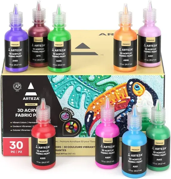 Arteza 3D Permanent Fabric Paint Set of 30 Individual Colors