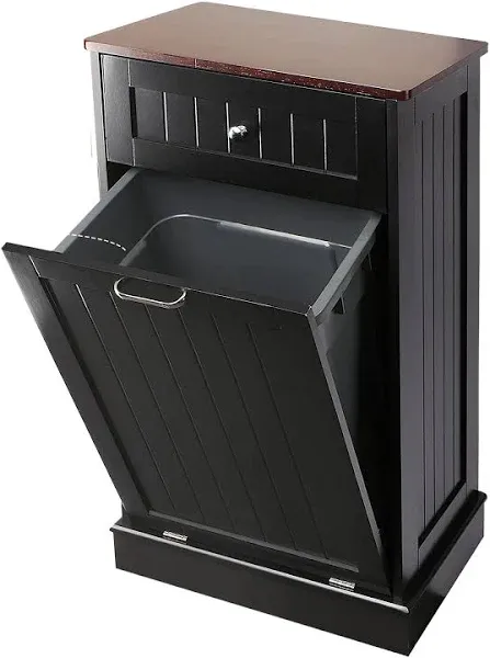 Tilt Out Trash Cabinet,Antique-Style Beadboard Kitchen Island with Solid Wood Tabletop & Drawer, Pet Proof Trash Can, Wood Laundry Cabinet (Single Black)