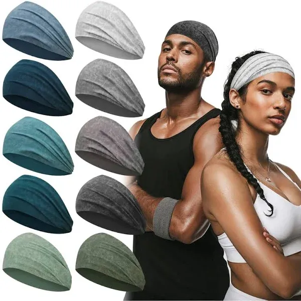 10 PCS Workout Headbands for Men and Women, Wide Sweat Bands Yoga Headbands No S