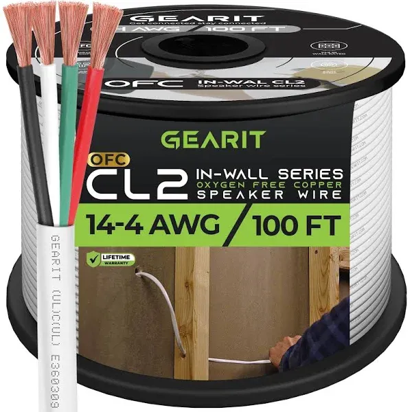 GearIT 14/4 Speaker Wire (250 Feet) 14AWG Gauge - Fire Safety in Wall Rated Audio Speaker Wire Cable / CL2 Rated / 4 Conductors - OFC Oxygen-Free Copper, White 250ft