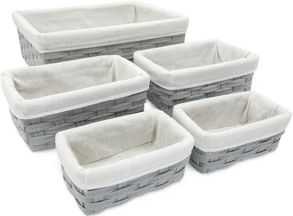 5 Pack Wicker Nesting Baskets with Cloth Lining Pantry Shelves Rectangular Stora