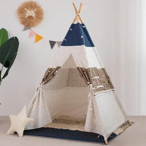 Kids Teepee Tent with Mat,  Printed Canvas Teepee for Girl Boy with Carry Bag, P