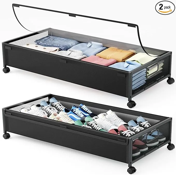 Under Bed Storage Containers with Wheels 2 Pack Underbed Shoe Storage Bedroom Storage Bins Organizer Large Capacity Under Bed Storage with Lid for Clothes Shoes Toys Blankets (Black)