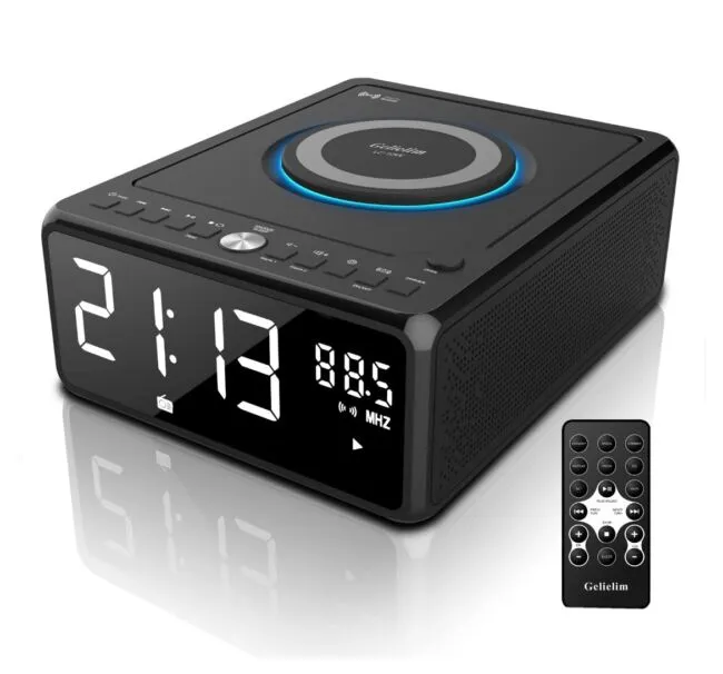 Gelielim CD Clock Radio, CD Player Boombox with Remote, Dual Alarm Clock with Wireless Charging, Clock Radios with Bluetooth for Bedroom, Sleep & Snoo