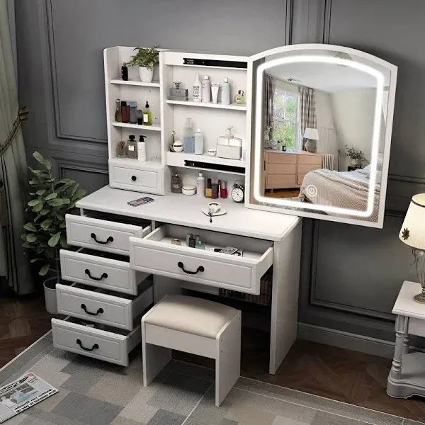 Vanity Desk with Mirror and Lights,3 Lighting Colors Makeup Vanity Table with Sliding Mirror & Drawers & Storage Shelves & Stool, Brightness Adjustable, for Bedroom, White