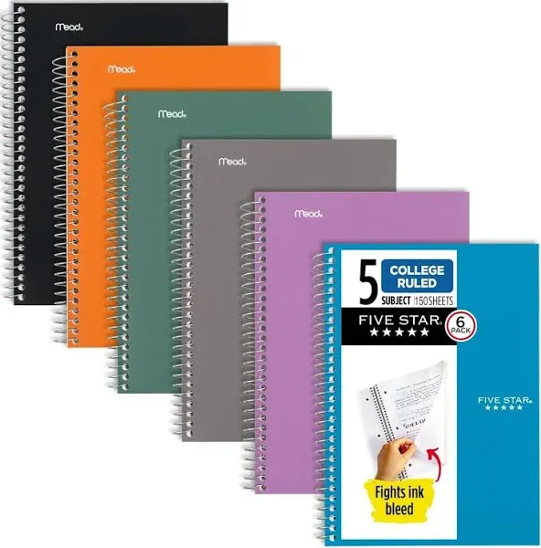 Five Star Spiral Notebooks, 6 Pack, 5 Subject, College Ruled, 9 1/2" x 6", 150 Sheets, Amethyst Purple, Sedona Orange, Seaglass Green, Tidewater Blue, Gray and Black (840030A-ECM)