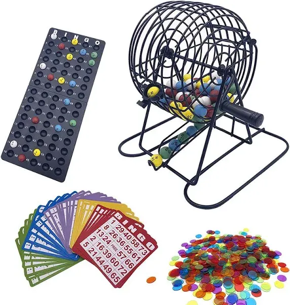 Deluxe Bingo Game Set with 6 Inch Cage, Master Board,75 Colored Balls a Bag, 50 Cards, and 500 Color Mix Chips Ideal for Large Groups