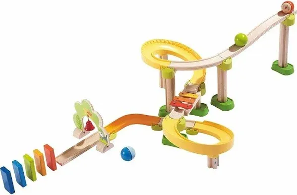 HABA Kullerbu Sim-Sala-Kling - 38 Piece Wooden & Plastic Train Track Set for Balls with Musical Effects and Domino Blocks