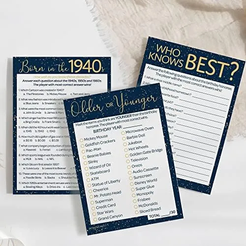 DISTINCTIVS Birthday Party Games - Born in The 1940s Navy Blue & Gold Birthday Game Bundle - 75th or 80th Birthday - Set of 3 Games for 20 Guests