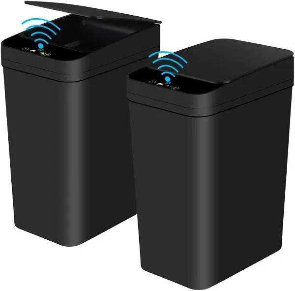 Bathroom Automatic Trash Can 2 Pack 2.2 Gallon Touchless Motion Sensor Small Slim Garbage Can with Lid Smart Electric Narrow Garbage Bin for Bedroom Office Kitchen (Black)