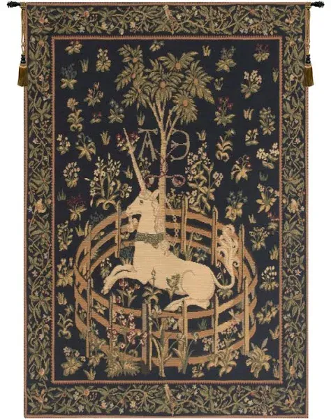 MEDIEVAL TAPESTRY WALL HANGING UNICORN IN CAPTIVITY 37&#034;x26&#034; Cluny Reprodiction