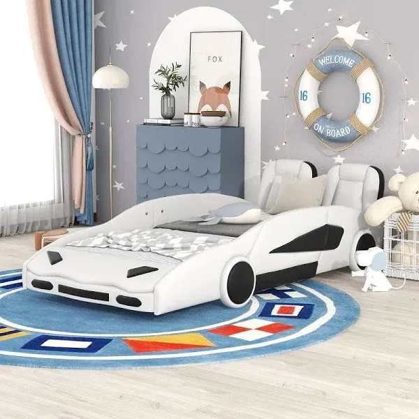 ACQCA Twin Size Race Car Bed for Kids, PU Car-Shaped Bedframe with Wheels and Side Rails for Boys,Girls