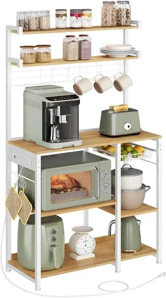 VASAGLE Bakers Rack with Power Outlet, 35.4 Inches Microwave Stand, Coffee Bar, 4 AC Outlets, with Adjustable Shelves, 8 S-Hooks, Basket, Spice Racks, Golden Oak and Cloud White UKKS031Y09