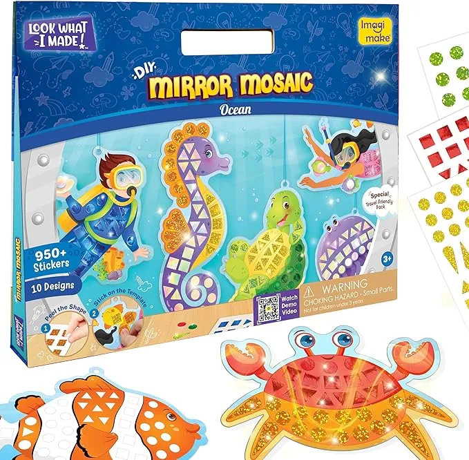 Imagimake Mirror Mosaic Ocean Themed Kids Art Set | DIY Craft Kit | Foil Stickers for Kids | Birthday Gift for Girls and Boys Ages 3,4,5,6,7,8 | Mosaic Kit | Christmas Craft for Kids 3 Year Old Boy