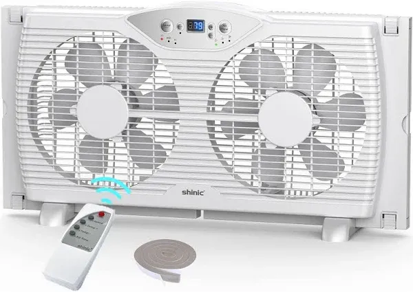 shinic Twin Window Fan with Remote, 9-Inch Blades Reversible Airflow, Thermostat Control, 3 Speeds, 3 Functions, 23.8"-37" Expandable Width, Window Exchaust Fans for Home Bedroom, ETL Certified